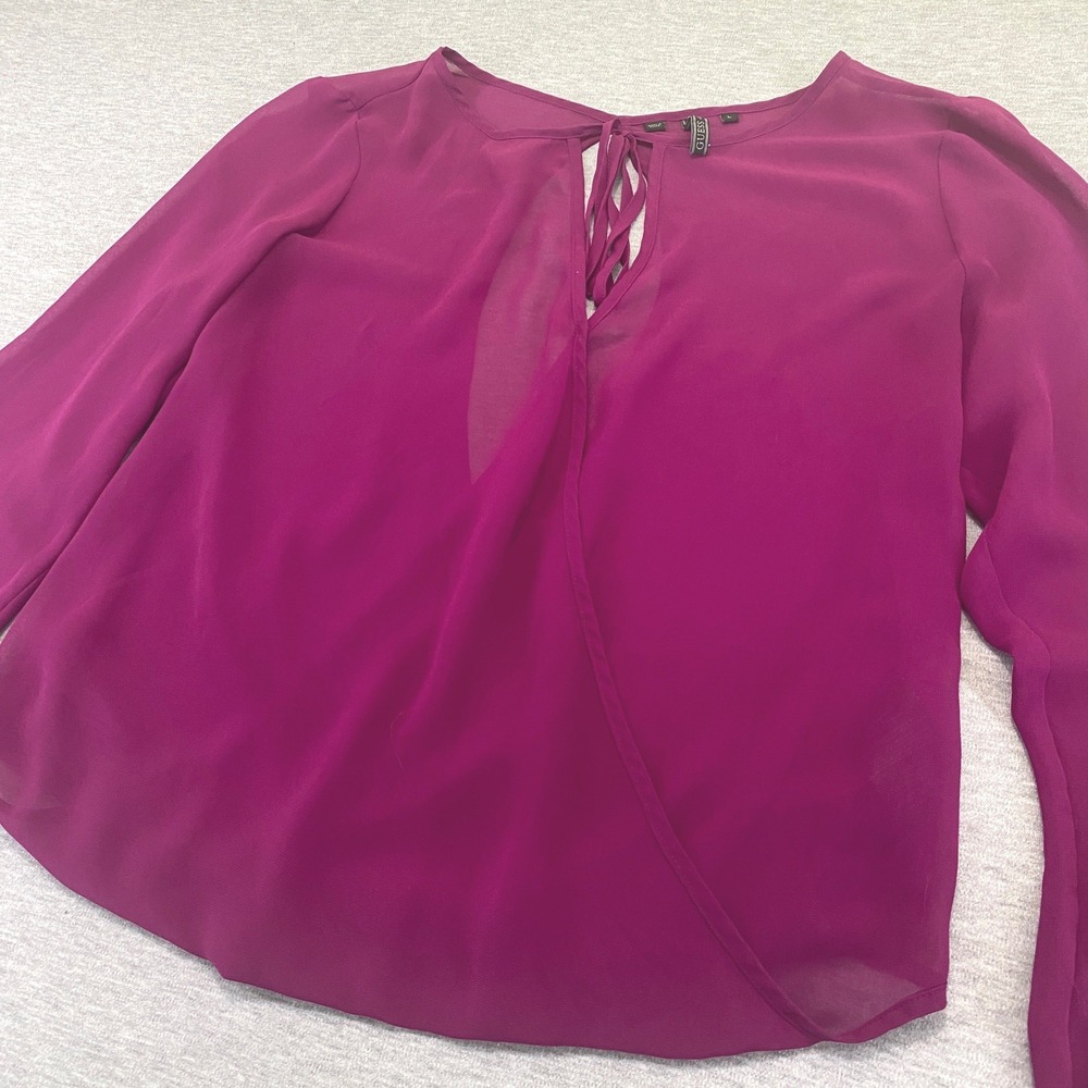 Guess Barbiecore Blouse Women Large Magenta Pink LS Faux Wrap Keyhole Back